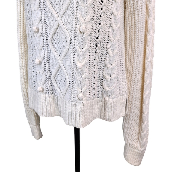 J. Crew Lambswool Blend Pom Pom Cable Knit Sweater Ivory Size Medium Capsule - Picture 11 of 13